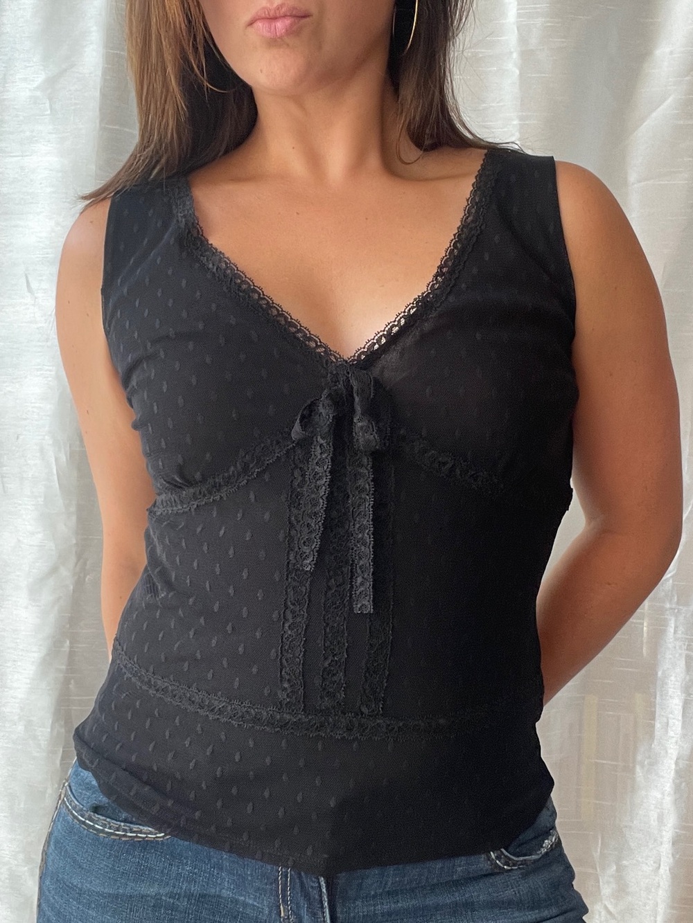 Axcess Mesh Lace Trim Tie Front Tank Top Black Coquette Whimsigoth Y2K Medium